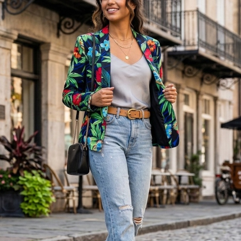 Ark & Co. Tropical Floral Open Front Blazer Jacket - Small